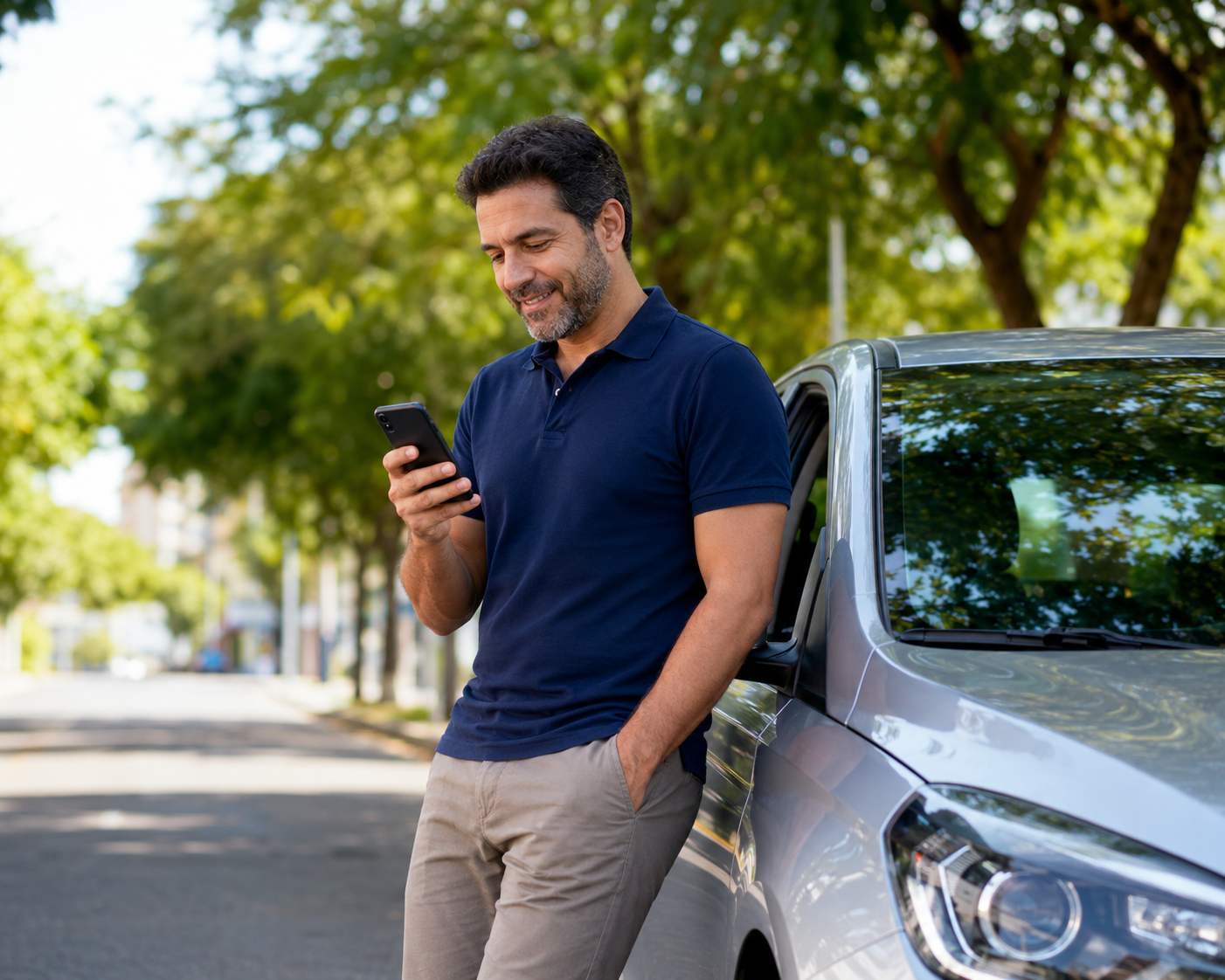 Homem usando o celular ao lado de um carro para solicitar assistência